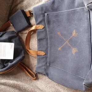Navy Tote Bag with Arrow Design and Carmel Handles